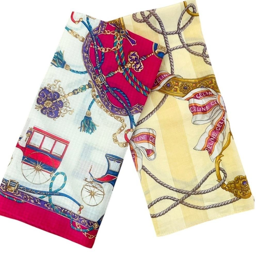 Celine Silk Scarf Duo Set Carriage Print & Ribbon Ropes 100% Silk 18” Squares